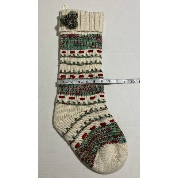 Aspen Knit Christmas Stocking Fleece Lined with Cuffed Top and Pompoms EUC - Picture 5 of 6